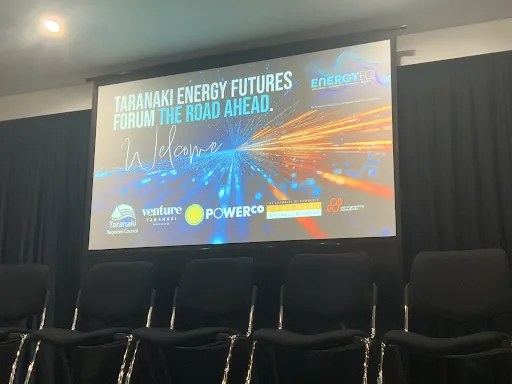 The welcome slide on screen before doors opened at the Taranaki Energy Futures Forum